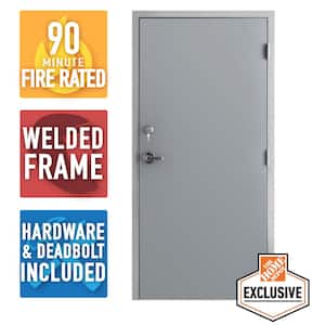 36 in. x 84 in. Fire-Rated Gray Left-Hand Flush Steel Prehung Commercial Door with Welded Frame, Deadlock and Hardware
