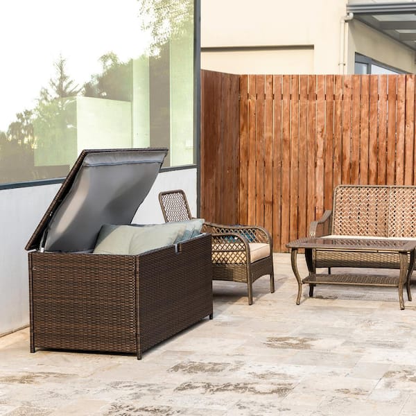 Glitzhome 140 Gal Brown Wicker Outdoor Storage Deck Box 2024700002 The Home Depot Brown Wicker Outdoor Storage Deck Box, Outdoor Wicker Storage Bench With Backsplash