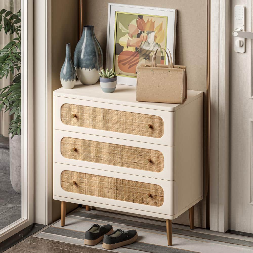 White and Natural Rattan 3-Drawer Mid-Century Modern Chest