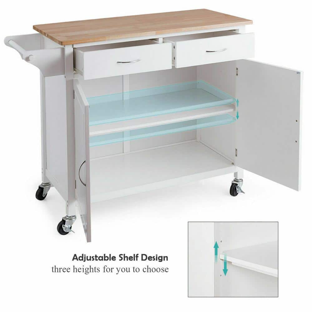 Elegant White Rolling Kitchen Cart with Rubber Wood Top and Storage