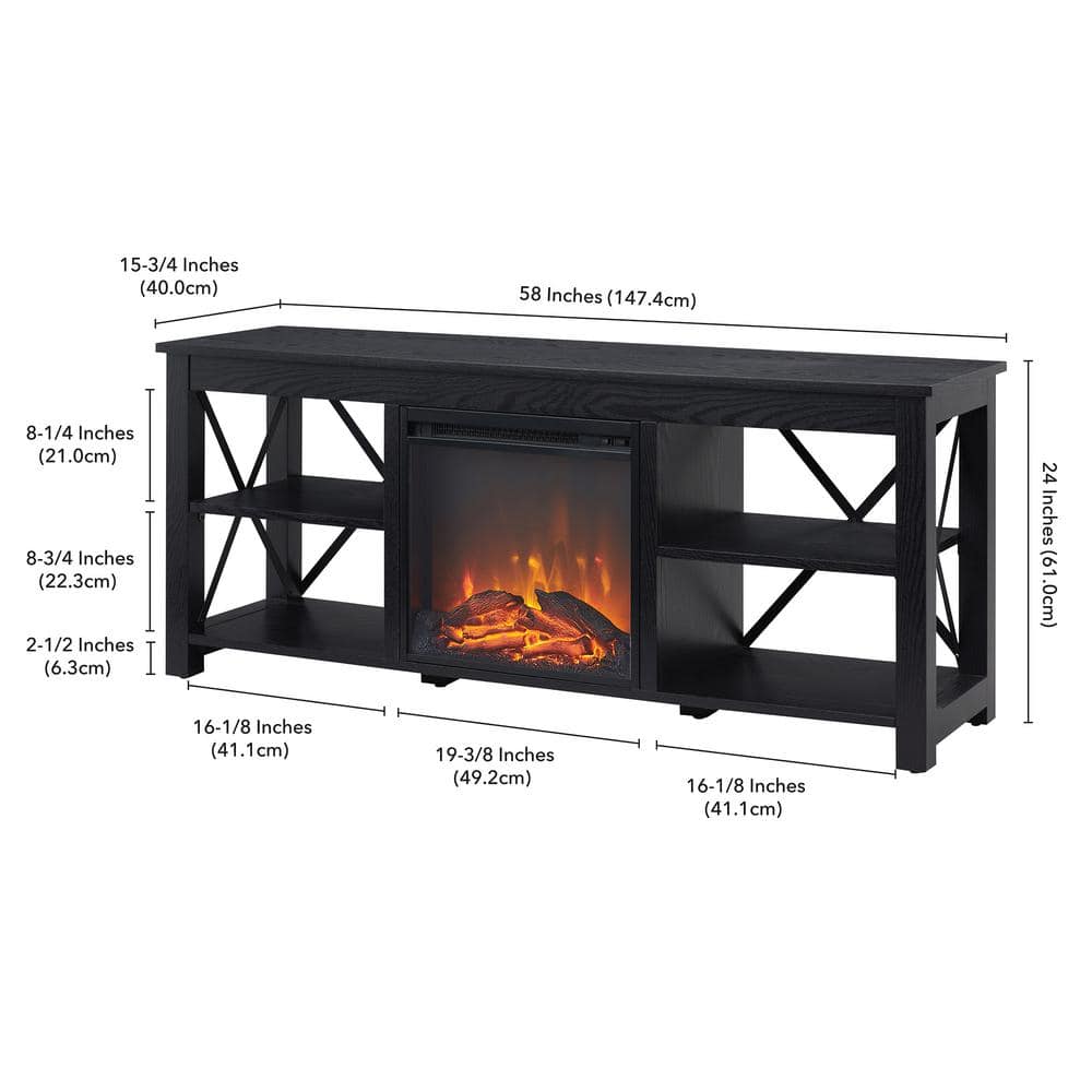 Black Modern Farmhouse TV Stand with Electric Fireplace, 58"