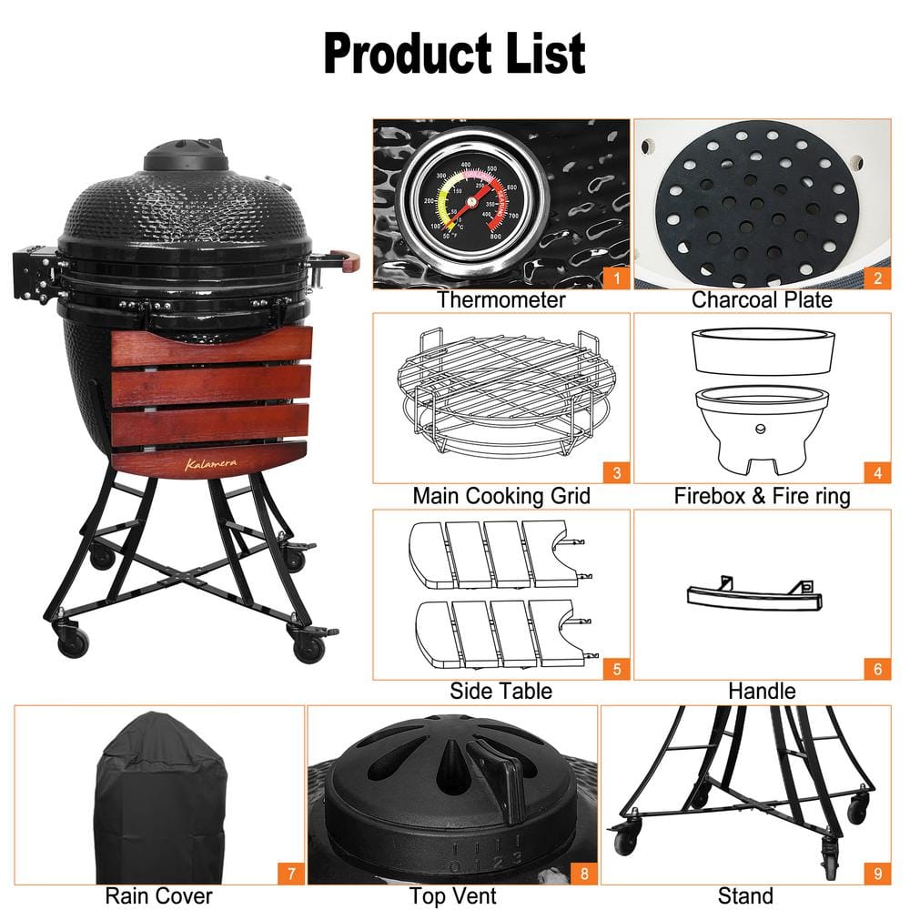 Kalamera 24'' Black Ceramic Kamado Charcoal Grill with Cart