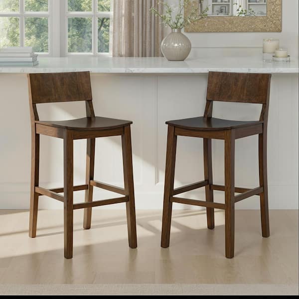 Harpe 35.75 in. H Walnut Brown High Back Wood Counter Height Bar Stool with Wood Seat Set of 2
