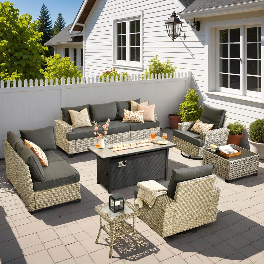 Kelleys 10-Piece Wicker Outdoor Patio Conversation Sofa Fire Pit Furniture Set with Swivel Chairs and Black Cushions price history on PriceWatchPro