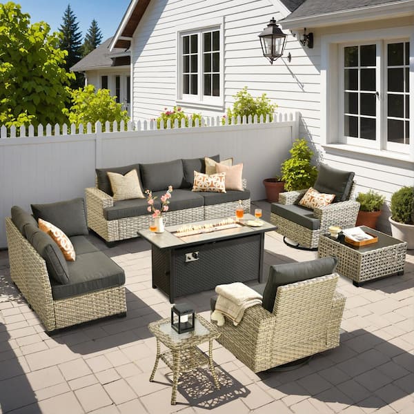 HOOOWOOO Kelleys 10-Piece Wicker Outdoor Patio Conversation Sofa Fire Pit Furniture Set with Swivel Chairs and Black Cushions