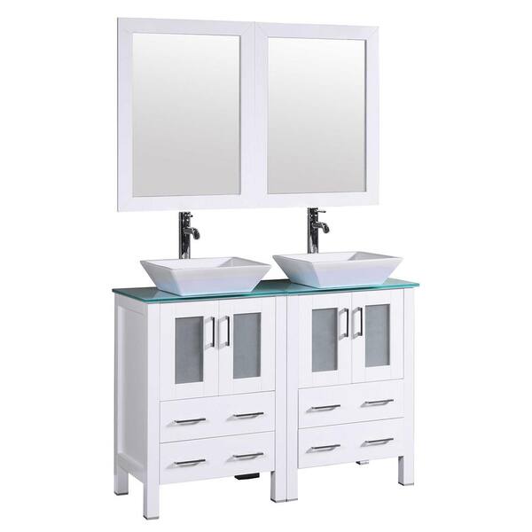 Bosconi 48 in. W Double Bath Vanity with Tempered Glass Vanity Top in Green with White Basin and Mirror