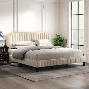 Beige Modern Wood Frame King Size Linen Curved Upholstered Platform Bed with Nailhead Trim Headboard and Footboard