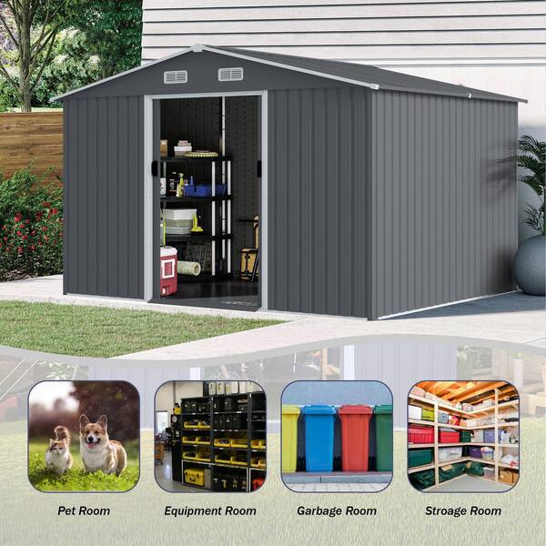 Unbranded - 8 ft x 10 ft. Metal Outdoor Storage Shed Tool Shed, Covered Area 80 Square Feet, with Sliding Door and Ventilation, Gray