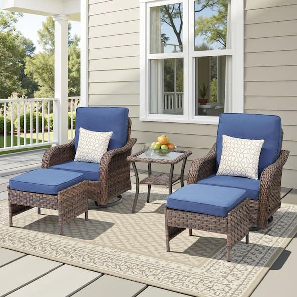 5-Piece Wicker Patio Conversation Set with Blue Cushions, Including Swivel Chairs, Footstools and Side Table