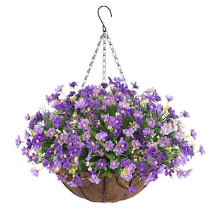 20 in. H Artificial Hanging Daisy Arrangement Flowers in Basket, Outdoor Indoor Patio Lawn Garden Decor, Purple