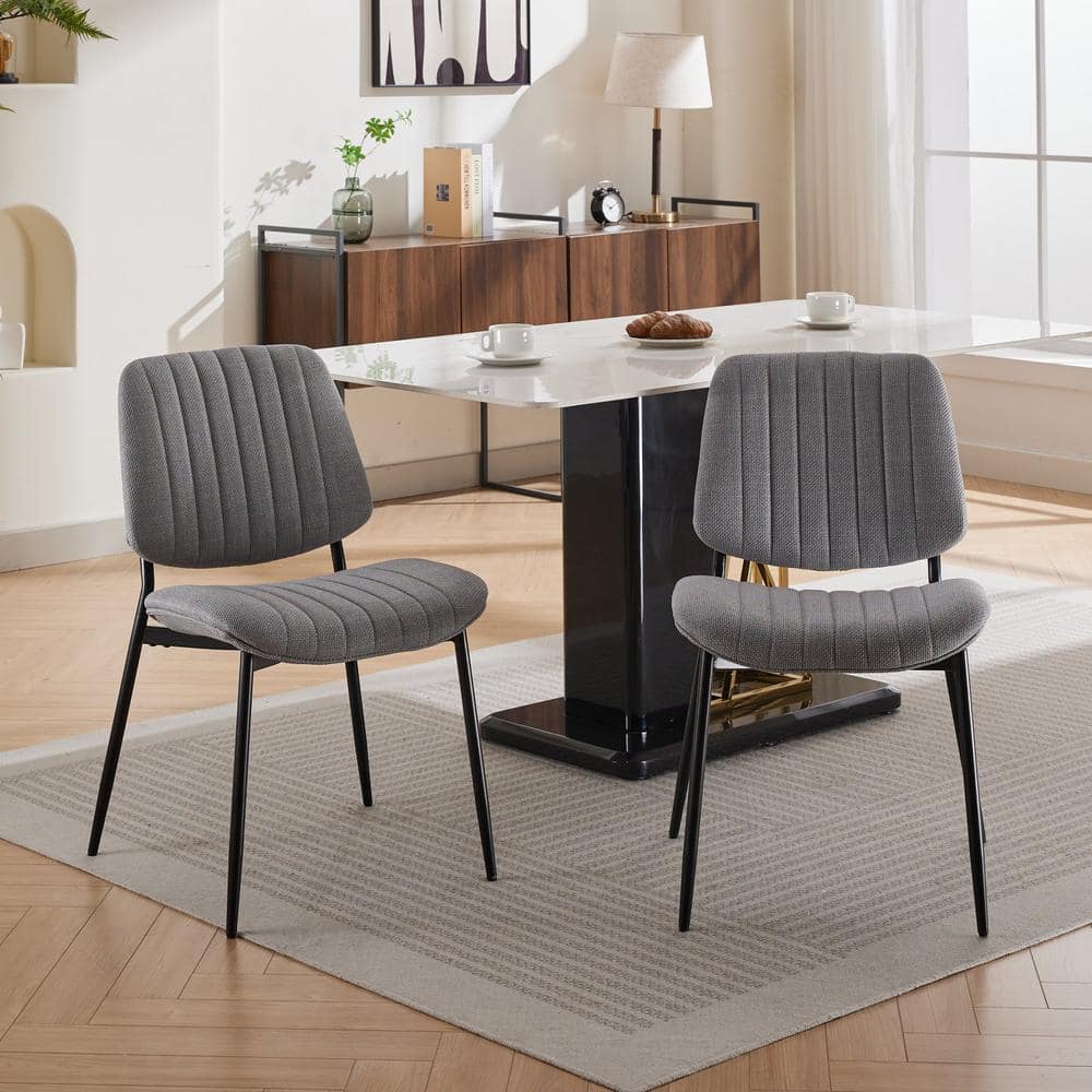 Gray Linen Upholstered Low Back Arm Chair with Metal Legs