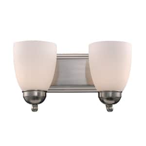 Clayton 14 in. 2-Light Brushed Nickel Bathroom Vanity Light Fixture with Frosted Glass Shades