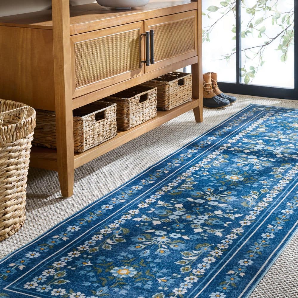 Martha Stewart Washable 3 ft. x 8 ft. Dark Blue/Beige Ornate Floral Border Washable Runner Rug price history on PriceWatchPro