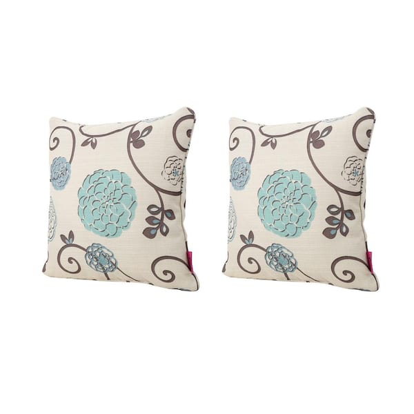 Noble House Ippolito White and Blue Floral Polyester 18 inch x 18 inch  Throw Pillow (Set of 2) 41966 - The Home Depot