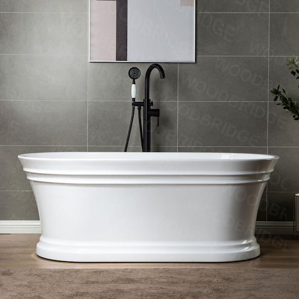 WOODBRIDGE Blois 59 in. Acrylic FlatBottom Double Ended Bathtub with Matte Black Overflow and Drain Included in White