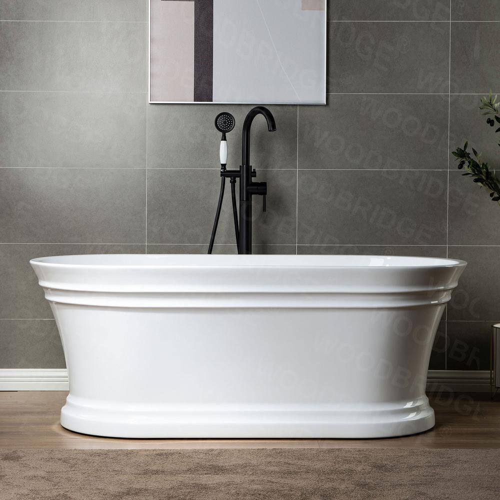 67" White Acrylic Freestanding Soaking Bathtub with Matte Black Trim