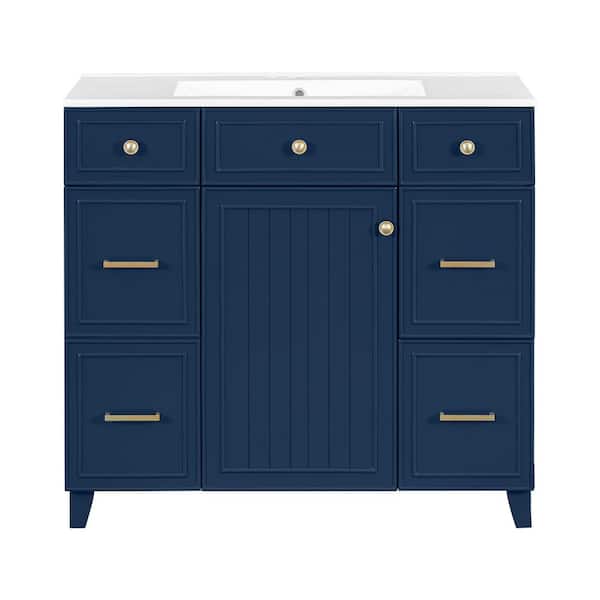 36 in. Single Sink Freestanding Blue Bath Vanity with White Resin Top, Adjustable Shelves