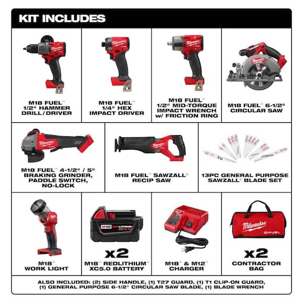M18 FUEL 18V Brushless Cordless 7-Tool Combo Kit w/ (2) 5. 0Ah Batteries, Charger, 2 Bags with SAWZALL 13-Pc Blade Set