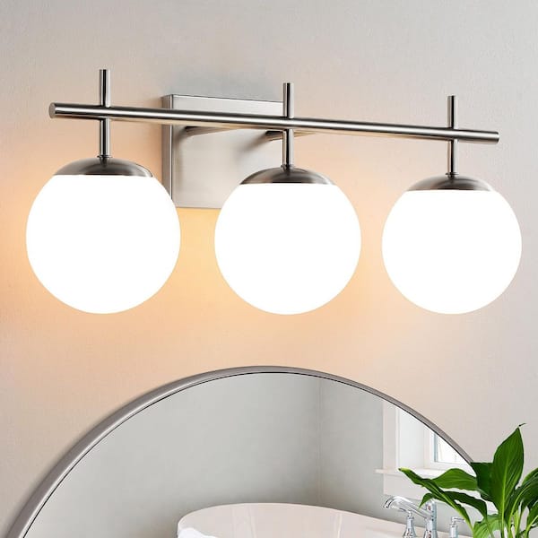 22 in. 3-Light Brushed Satin Nickel Traditional Classic Bathroom Vintage Vanity Light with Frosted White Glass Shades