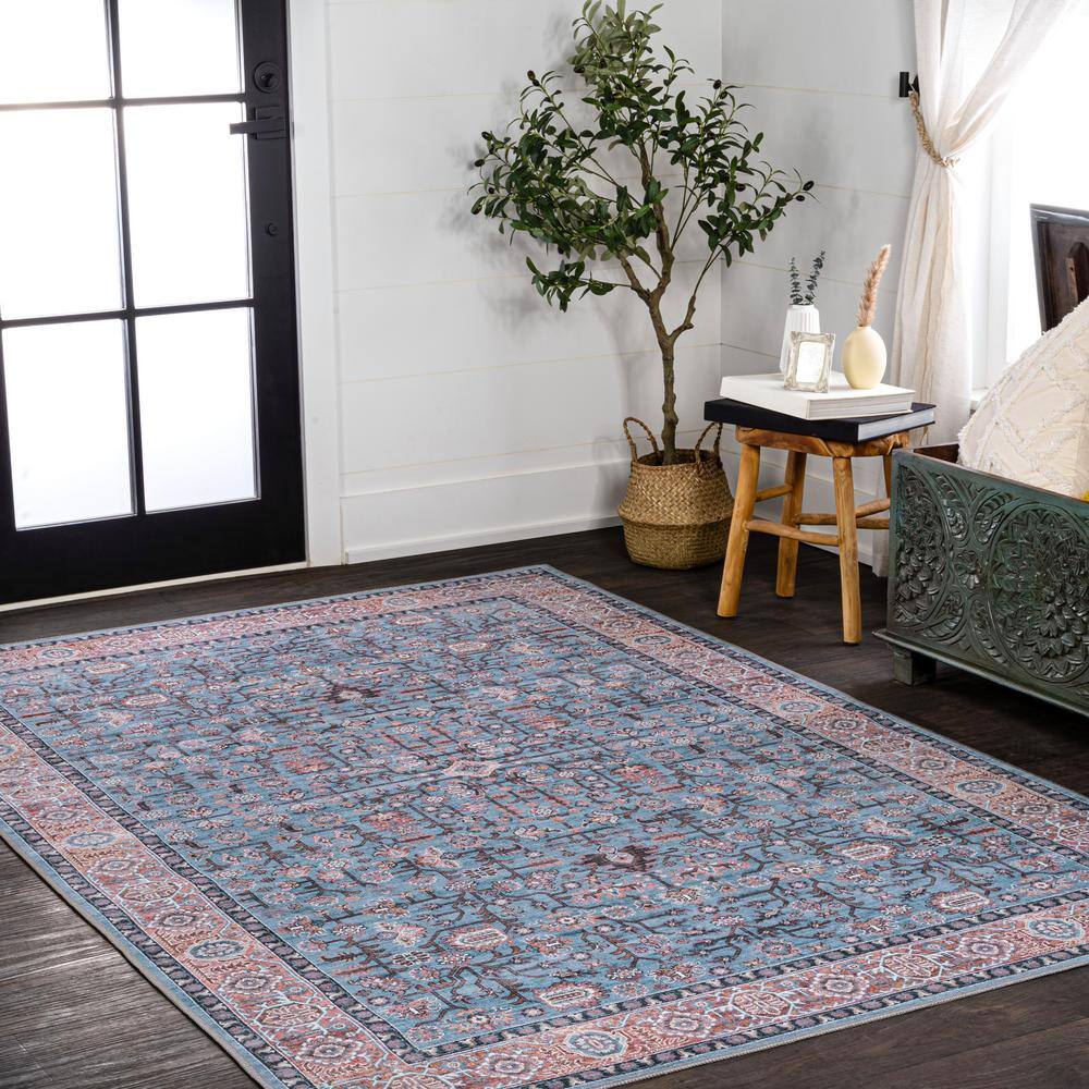 Persian-Inspired Blue and Red Chenille Washable Area Rug
