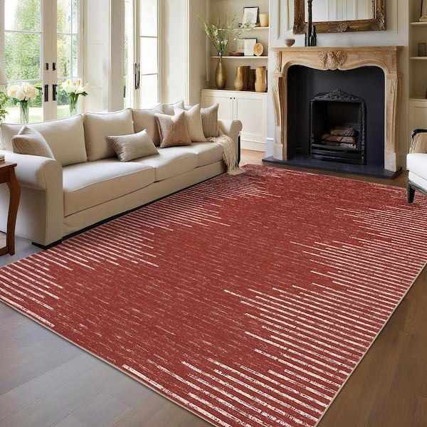 Washable Red 8 ft. x 10 ft. Modern Striped Printed Rug Low Pile Soft Thin Carpet Stain Resistant Non-Slip,Area Rug