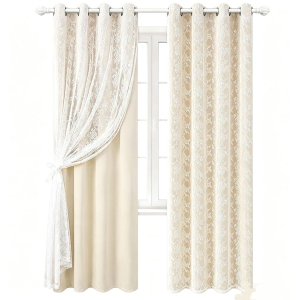Beige Polyester 52 in. W x 84 in. L Double Layer Beige Curtains,Room ...