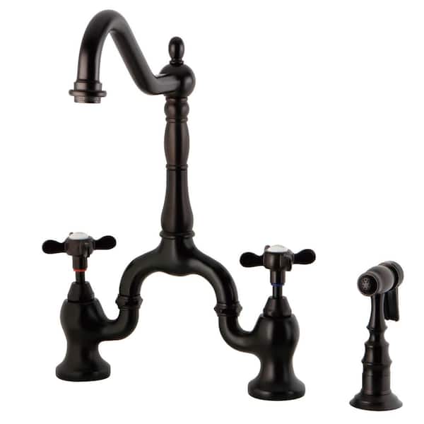 Kingston Brass Essex Double Handle Deck Mount Bridge Kitchen Faucet with Brass Sprayer in Oil Rubbed Bronze
