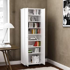 70.9 in. H White Wood Bookcase Bookshelf with adjustable Shelves, 2 door Cabinet and Wheels