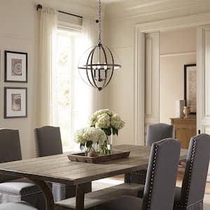 Calhoun 3-Light Weathered Gray Rustic Farmhouse Hanging Globe Candlestick Chandelier with Distressed Oak Finish Accents
