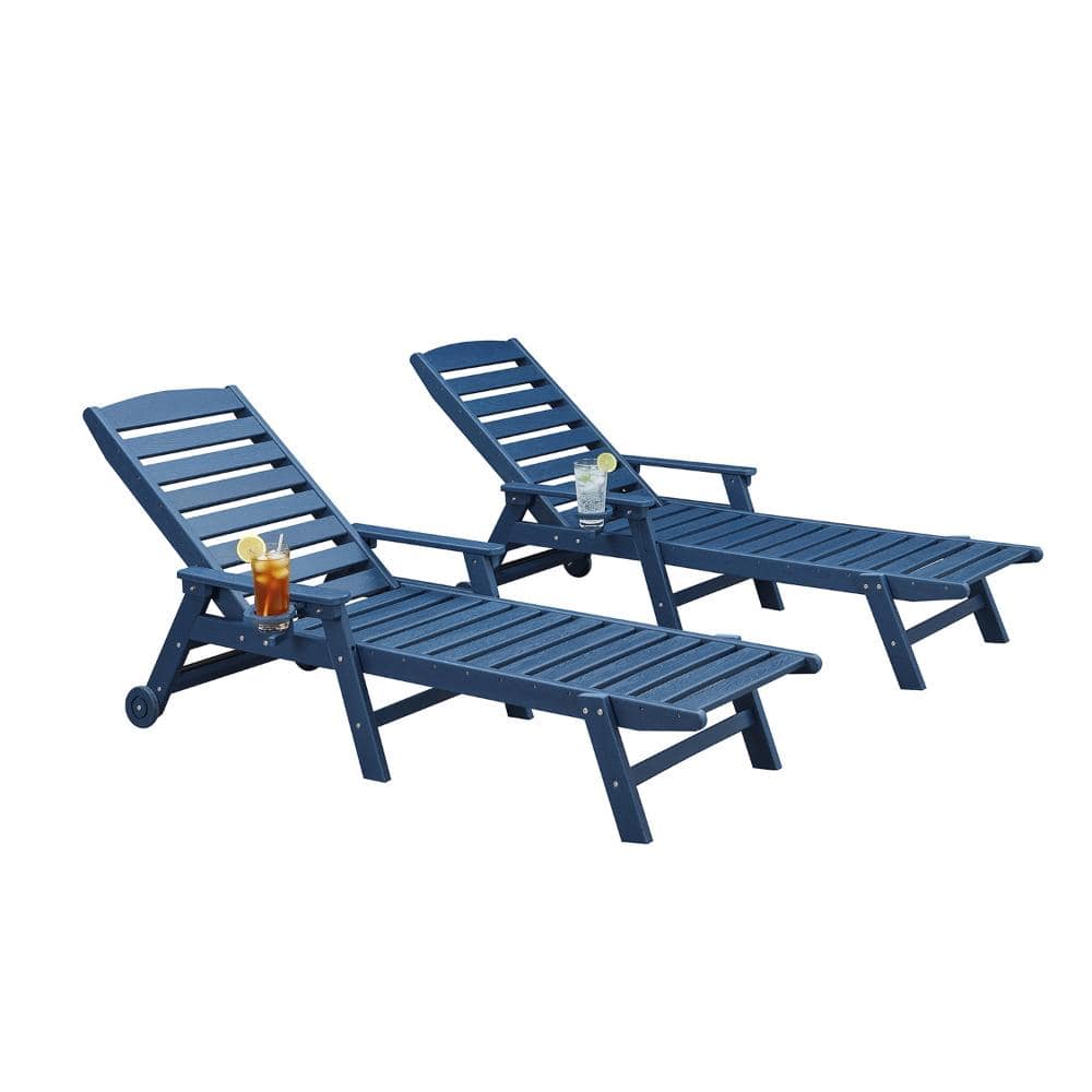 2-Piece HDPE Patio Chaise Lounges, Adjustable Outdoor Lounge Chair with Wheels & Cup Holder, Navy price history on PriceWatchPro