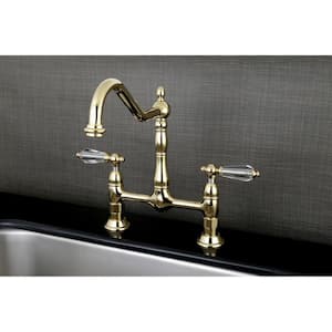 Victorian Crystal 2-Handle Bridge Kitchen Faucet with Lever Handle in Polished Brass