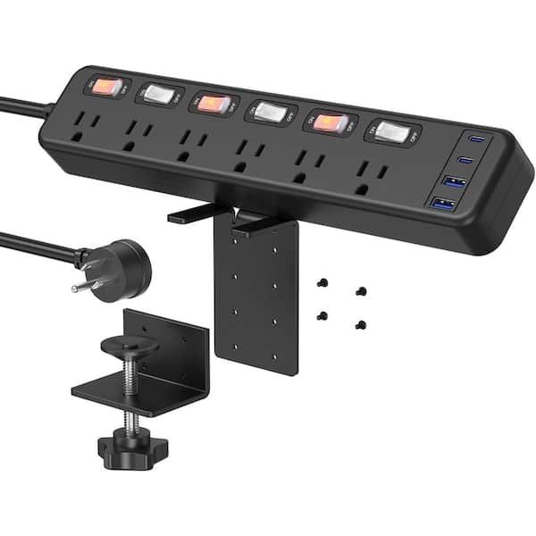 Lukyamzn 6-Outlet Power Strip Surge Protector with USB Port, Individual Switches and 10 ft. Extension Cord Flat Plug in Black