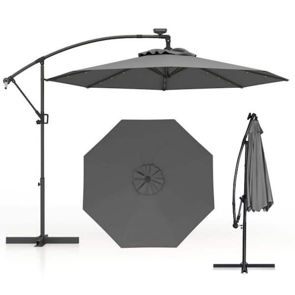 10 ft. 360° Rotation Solar Powered LED Offset Patio Umbrella in Gray