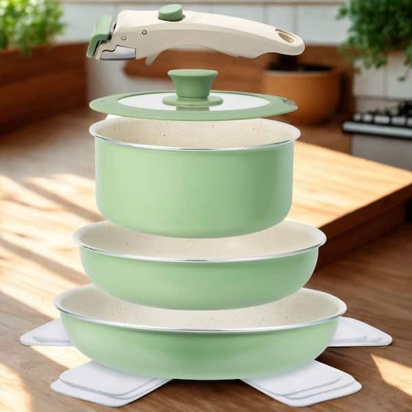 2 qt. 8-Piece Nonstick Cookware Set with Detachable Handle, Granite Coating, Induction, Aluminum, Oven Safe, Green