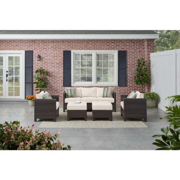 StyleWell Sharon Hill Powder Coating 1-Piece Dark Wicker Outdoor Couch with Almond Biscotti Cushions