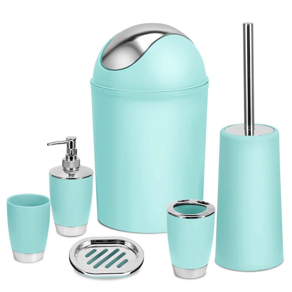 Aqua 6-Piece Plastic Bathroom Accessory Set with Chrome Accents