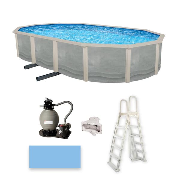 Blue Wave Trinity 18 ft. x 33 ft. Oval 52 in. Deep Steel Wall Pool Package with 7 in. Top Rail