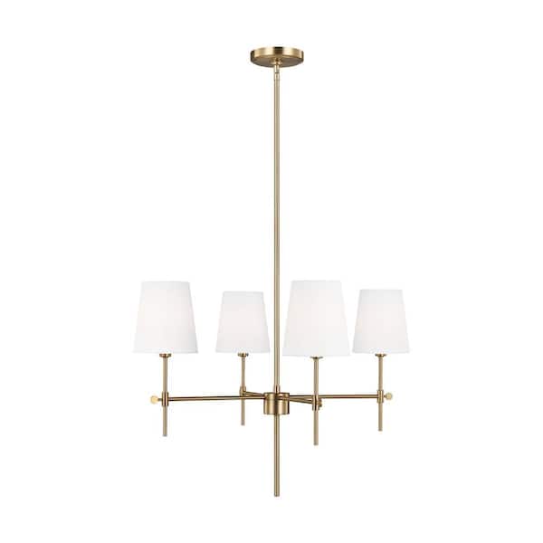 Generation Lighting Baker 4-Light Satin Brass Chandelier With White Linen Fabric Shades and LED Light Bulbs