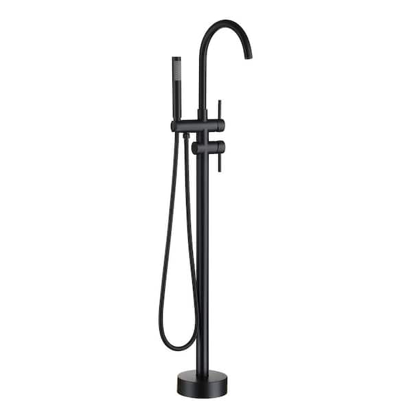 Freestanding Floor Mount 2-Handle Bath Tub Filler Faucet with Handheld Shower in Matte Black