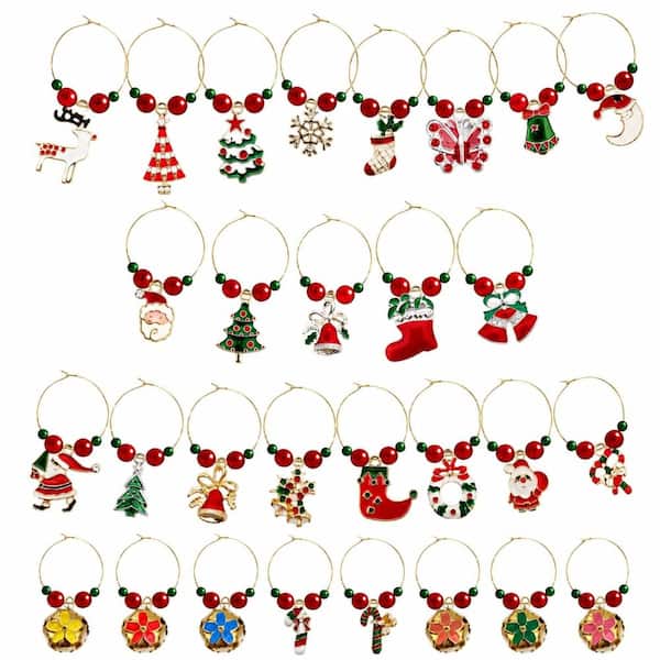 30-Piece Christmas Themed Wine Glass Charms Drink Markers in Zinc Alloy for Stem Champagne and Goblet