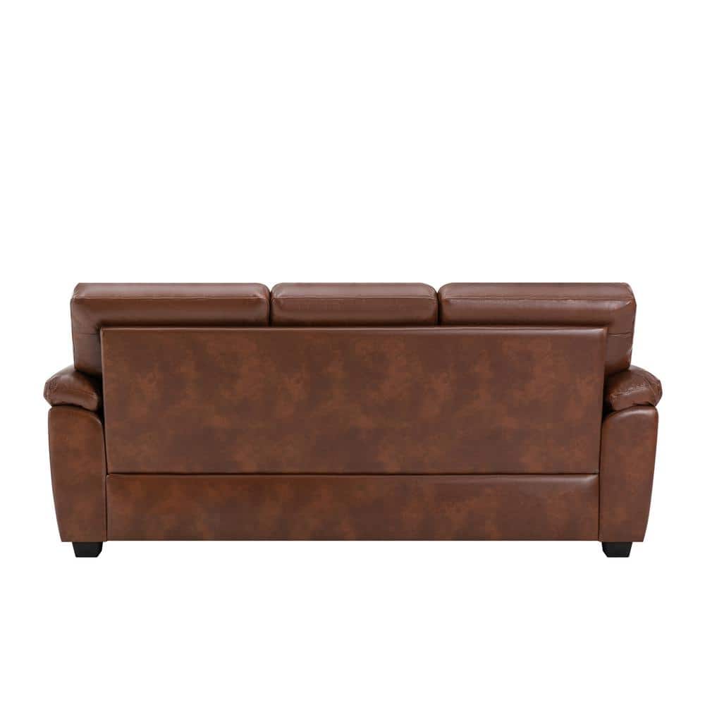 Brown Leather 3-Seat Flared Arm Sofa with Wood Frame