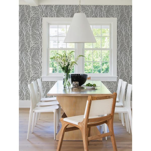 Life Series Trees - Silver Metallic and Dark Grey Wallpaper