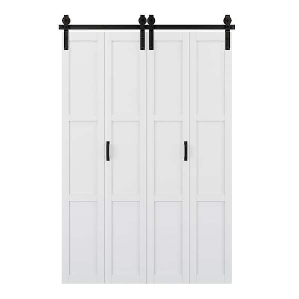 50 in. x 84 in. Paneled 3-Lite White Primed Solid Core MDF Bi-fold Sliding Barn Door with Hardware Kit