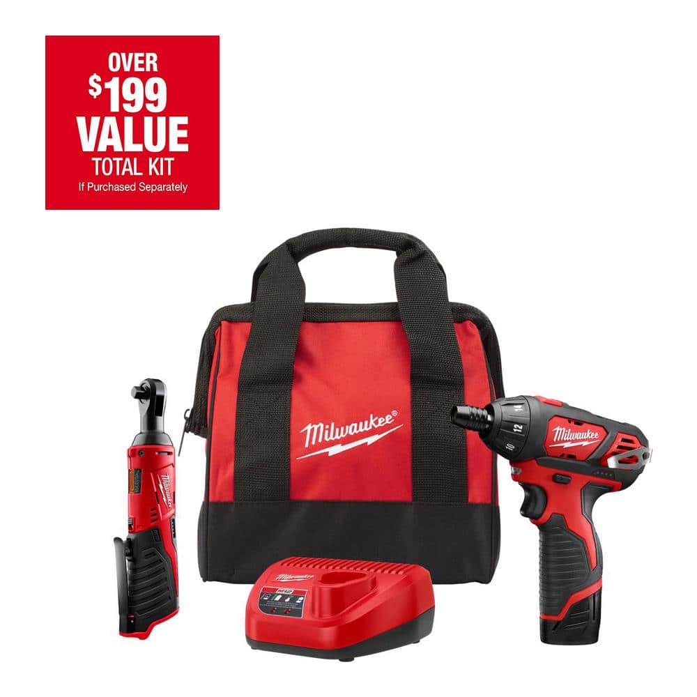 Milwaukee M12 12V Lithium-Ion Cordless 3/8 in. Ratchet and Screwdriver Combo  Kit (2-Tool) with Battery, Charger, Tool Bag 2401-21R The Home Depot