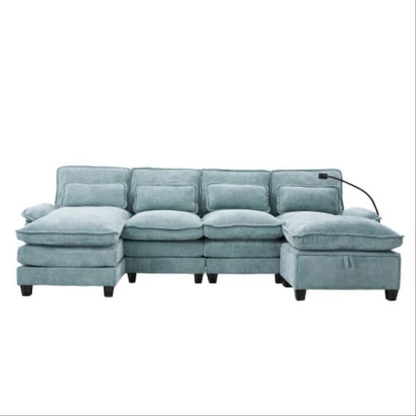 106 in. 5-pieces Chenille U-Shaped Modular Sectional Sofa with Chaise Lounge and Storage Ottoman in. Mint Blue