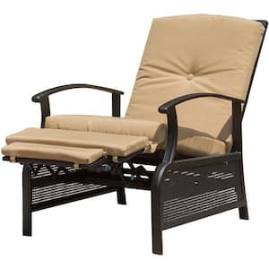 Adjustable Black Metal Outdoor Recliner with Olefin Khaki Cushions and Footrest for Reading Sunbathing Relaxation