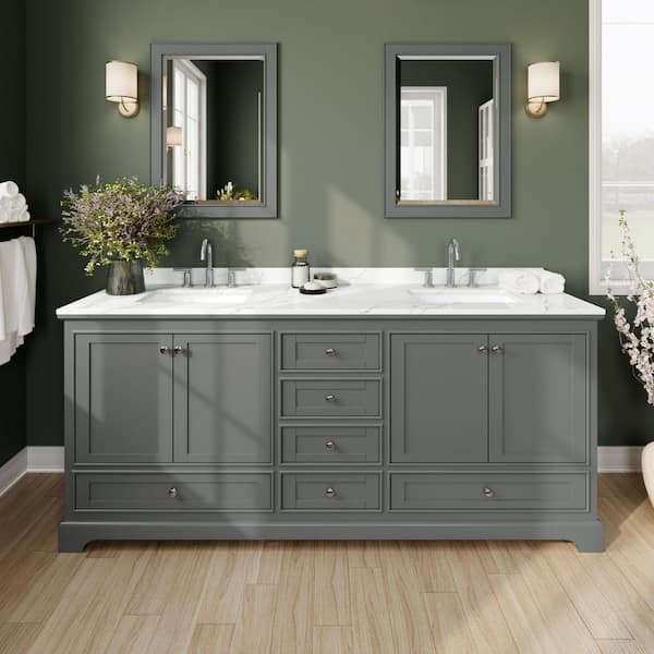 Wyndham Collection Deborah 80 in. W x 22 in. D x 35 in. H Double Bath Vanity in Dark Gray with Giotto Quartz Top and 70 in. Mirror