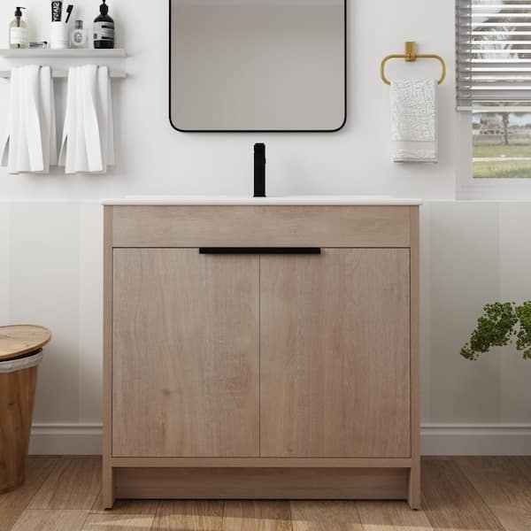 FAMYYT 36 in. W x 18.3 in. D x 36.4 in. H Freestanding Bath Vanity in White with White Ceramic Top and Sink