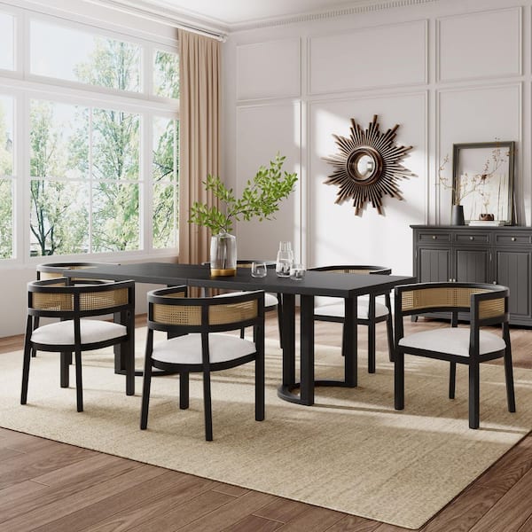 High-End Lines 7-Piece Beige and Black Wood Rectangle Dining Set with 6 Stylish Rattan Webbing Upholstered Chairs