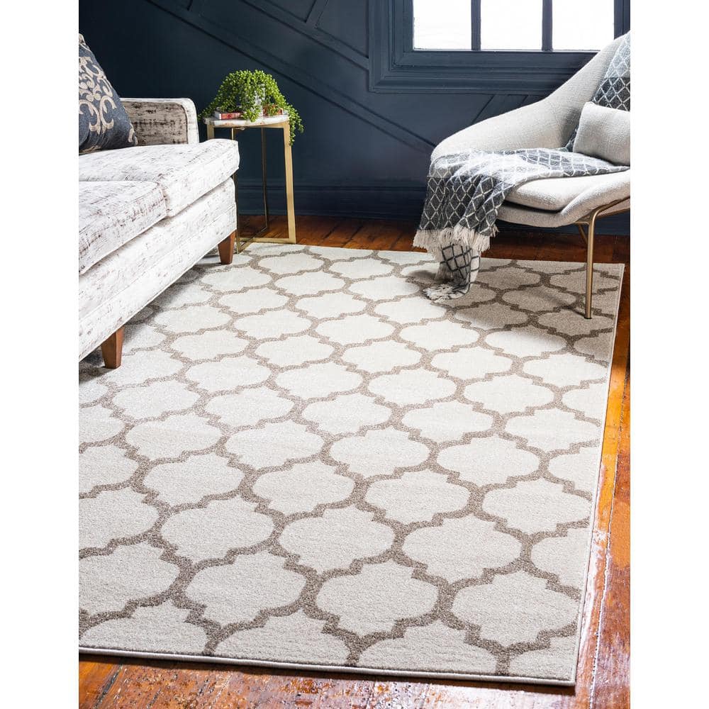 Beige and Light Brown Trellis Synthetic Area Rug